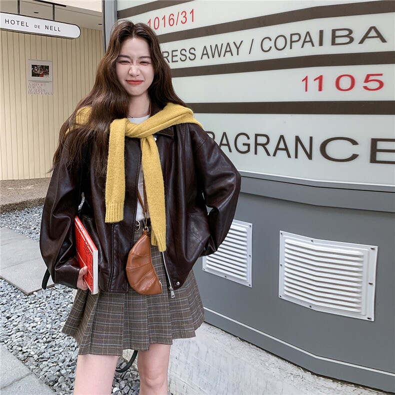 炸街气质感深棕色皮衣短外套女春秋2025新款小个子PU夹克机车爆款,女装皮衣,2C217