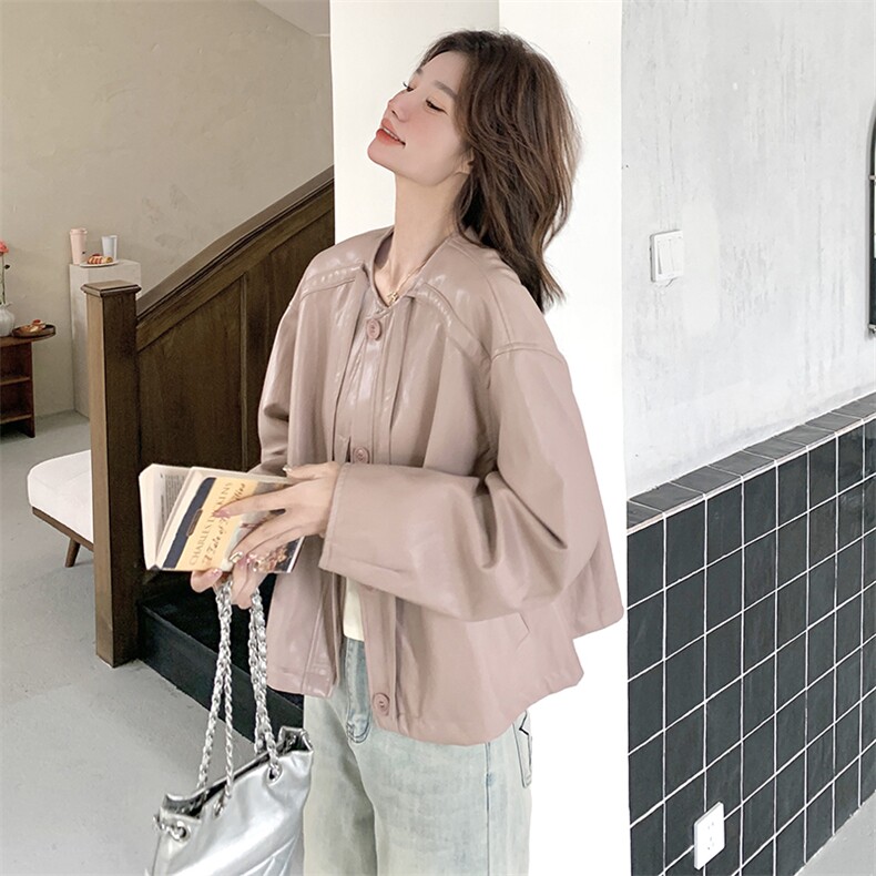 甜美风系带粉色皮衣外套女春秋2025新款小个子韩系流行pu皮夹克,女装皮衣,2C217