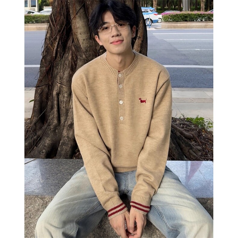 小狗刺绣亨利领毛衣男美式老钱风拼色棕色系针织衫MY9583,男装针织衫/毛衣,星座1116A（原606A-3）