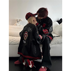 新款高街棒球服情侣装秋冬潮牌PU皮拼接百搭休闲夹克外套JK3989，男装夹克，星座516A