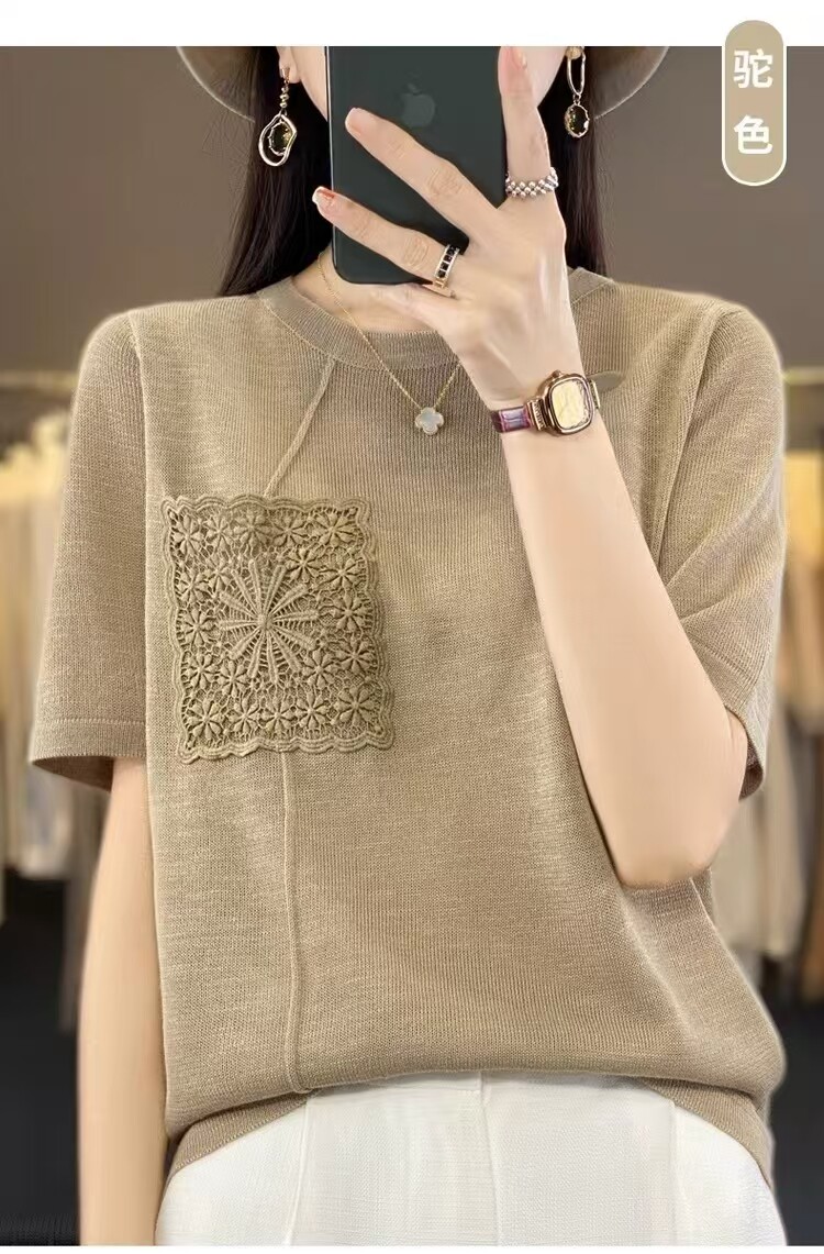 夏季薄款竹节麻短袖韩版冰丝t恤女针织衫时尚上衣设计感小众外穿,女装T恤,德尔信羊绒