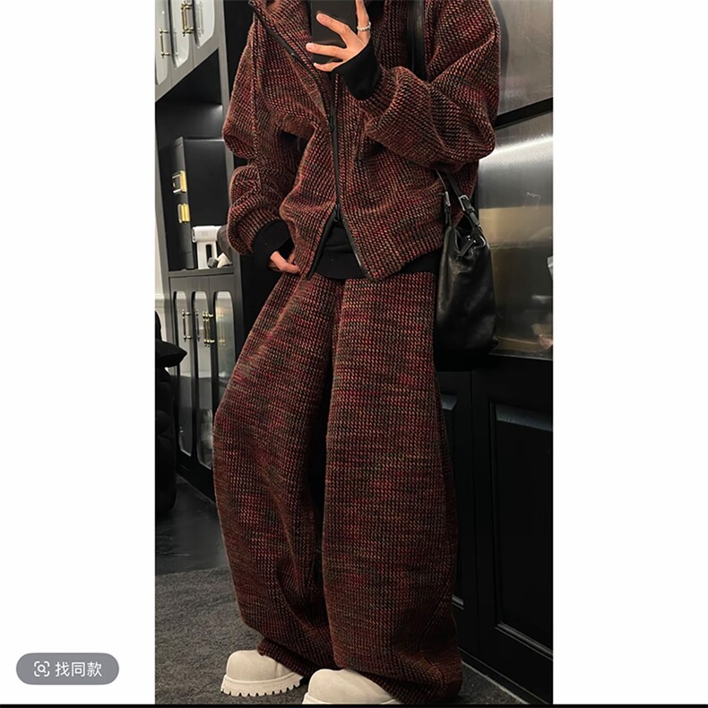 抖音加绒加厚针织连帽卫衣阔腿裤套装上衣P128裤子P95(网图，男装休闲套装，电商B267