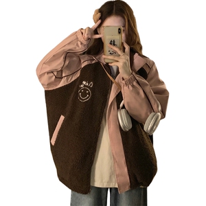 2025女秋冬季韩版立领拼色加厚羊羔毛卫衣拉链炸街棒球服C488-P90图片
