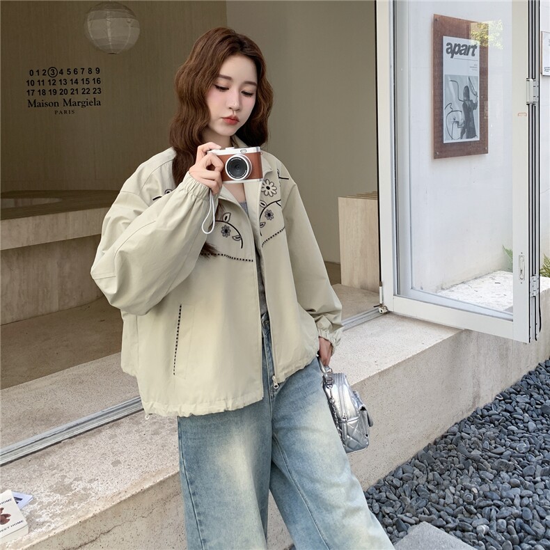 韩系休闲刺绣外套女2025秋季新款小众学院风慵懒风宽松气质夹克,女装风衣,2C057