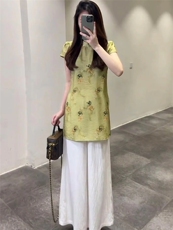 TOUCHMISS时尚气质套装女夏新中式盘扣旗袍短袖上衣阔腿裤两件套，女装套装/套裙，韩蔻秀