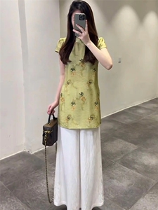 TOUCH MISS时尚气质套装女夏新中式盘扣旗袍短袖上衣阔腿裤两件套图片