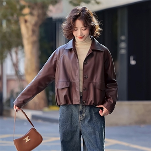 常规短款春季方领纽扣极简风皮衣春秋韩版机车服休闲气质小个子