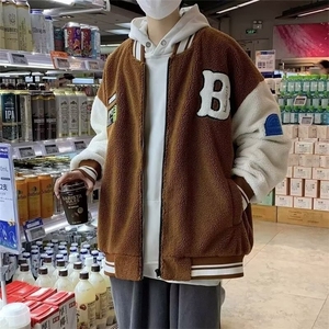 羊羔绒棉衣秋冬男生衣服保暖宽松棒球服个性绣花撞色棉服新款男装