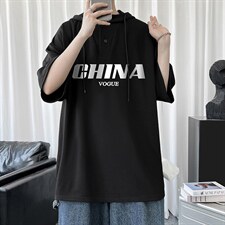 LD54001-P45连帽短袖t恤男大码胖子带帽五分袖中袖，男装T恤，电商A040