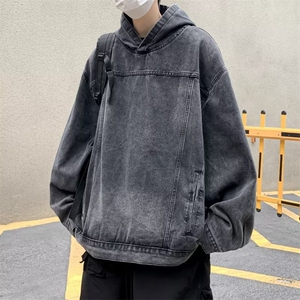 水洗做旧连帽卫衣男女美式街头潮牌宽松痞帅牛仔帽衫图片