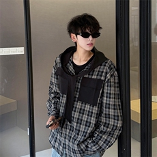 春夏新品原创小众设计感连帽系带长袖衬衫男士拼接格纹长袖衬衣潮，男装衬衫，电商B319