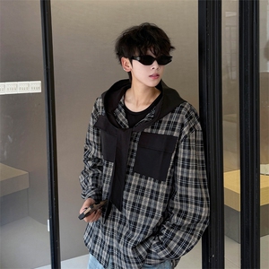 春夏新品原创小众设计感连帽系带长袖衬衫男士拼接格纹长袖衬衣潮图片