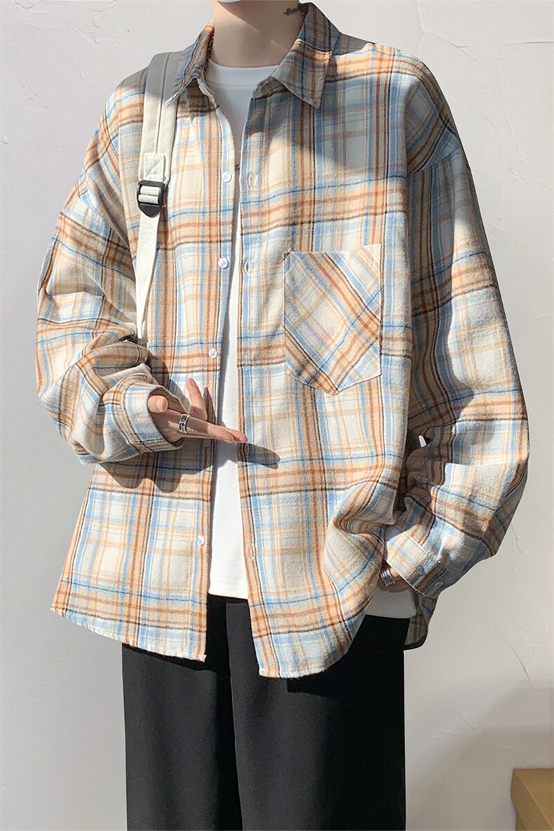 衬衫男春季新款港风宽松磨毛格子长袖衬衣CS602-特P28无差价,男装衬衫,星座214-3