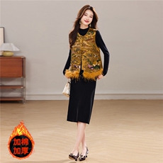 冬季新款加棉新中式圆领整身刺绣盘扣真毛可拆卸洋气两件套装裙女，女装套装/套裙，宝儿家