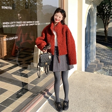 韩系立领羊羔毛外套女2026冬季新款短款宽松显瘦保暖皮毛一体外套，女装短外套，2D076