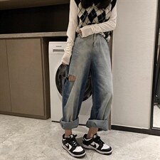 渐变破洞牛仔裤，女装牛仔裤，XTZ style