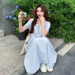 浅蓝色连衣裙女2025夏季新款韩系学院风通勤减龄显瘦高腰衬衫长裙图片
