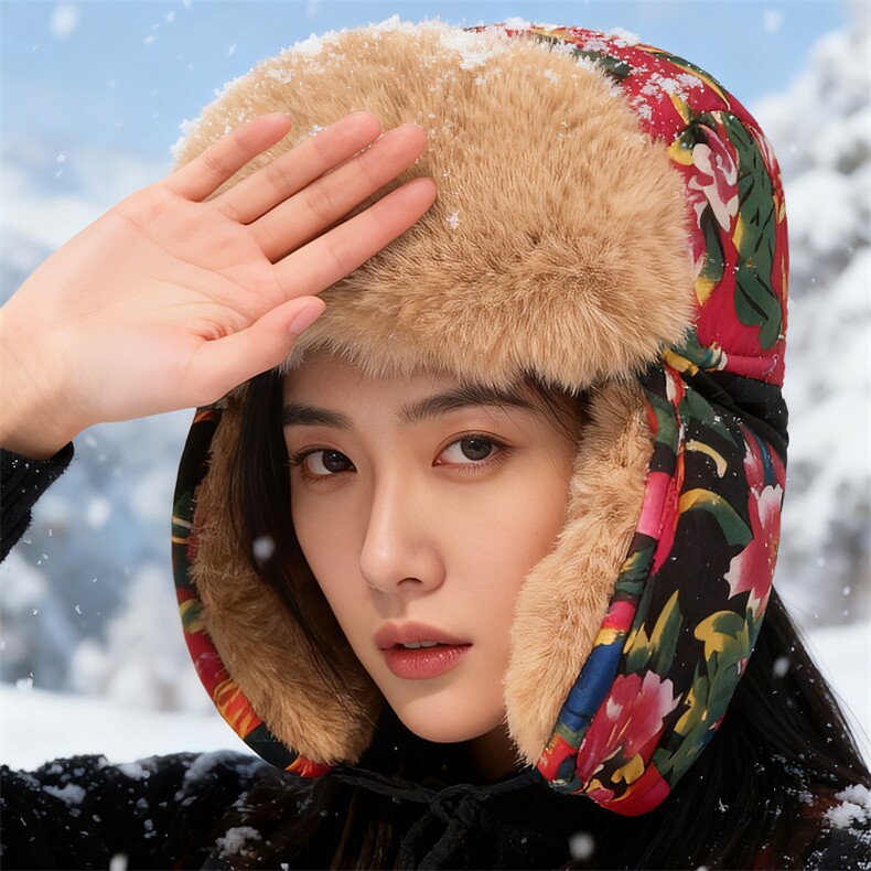 民族风大花东北雷锋帽男女冬季加绒护耳帽防寒骑车防风帽A02-P35,男装民族服装,星座1105-3