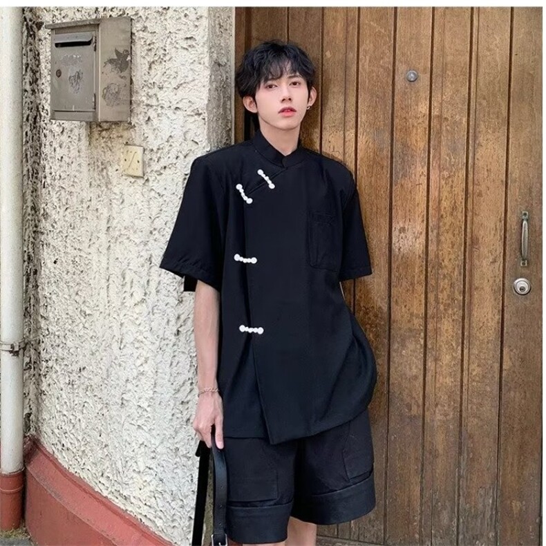 短袖百搭衬衫原宿时尚潮流潮男ins标准夏季青春流行方领新款慵懒,男装T恤,星座506A