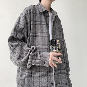 宽松格子衬衫男生紫色衬衣厚款KD622-P30图片