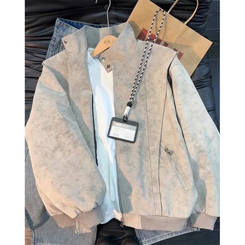 扎染pu皮衣夹克男款春季痞帅风高级感立领外套机车服 J7243图片
