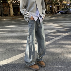 美式水洗弯刀工装牛仔裤男秋冬季潮拼接宽松阔腿裤高街直筒休闲裤，男装休闲裤，星座410-6（原星座1304-1）