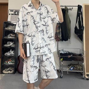 夏季男生痞帅套装短袖衬衫帅气泼墨印花设计感翻领外套TZ103-P43图片