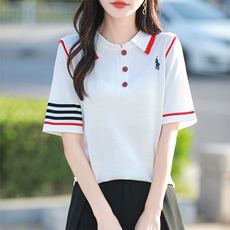 夏季新款简约翻领刺绣短袖冰丝面料宽松百搭显瘦时尚休闲上衣，女装针织衫/毛衣，萱芳婷羊绒