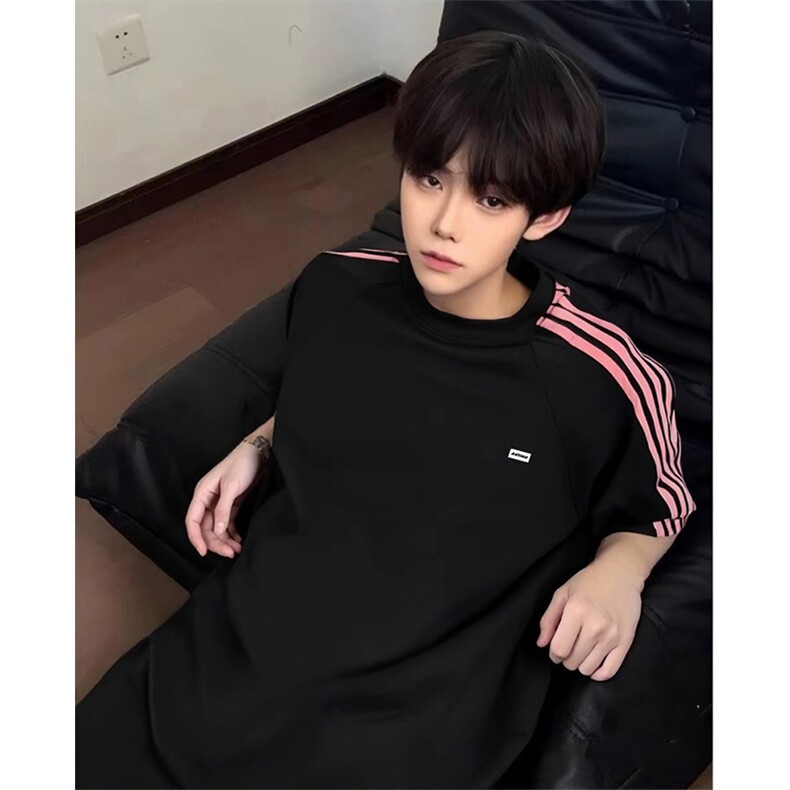 抖音得物品质二开240克宽松纯棉美式潮牌印花三条杠中性风短袖T恤，男装T恤，电商A486-1