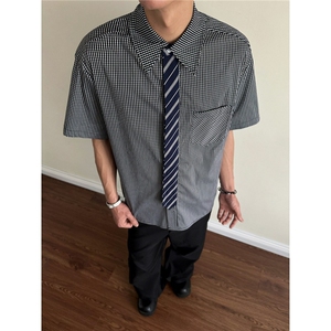 蓝色格纹假领带衬衫男女夏季衬衣学院风情侣小众设计外CY1202-P36图片