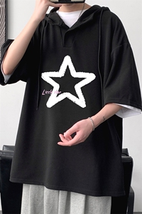 LD54286-P45NASA 连帽短袖t恤男大码胖子带帽五分袖中袖图片