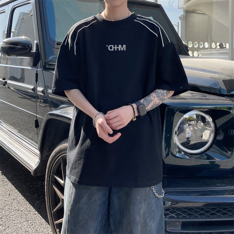 图案已注册夏季新款三杠条纹短袖T恤男潮宽松半袖体恤衫D136/P35，男装T恤，电商B209