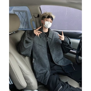 美式复古宽松高级感粉色机车皮衣外套潮春秋翻领夹克上衣JF10
