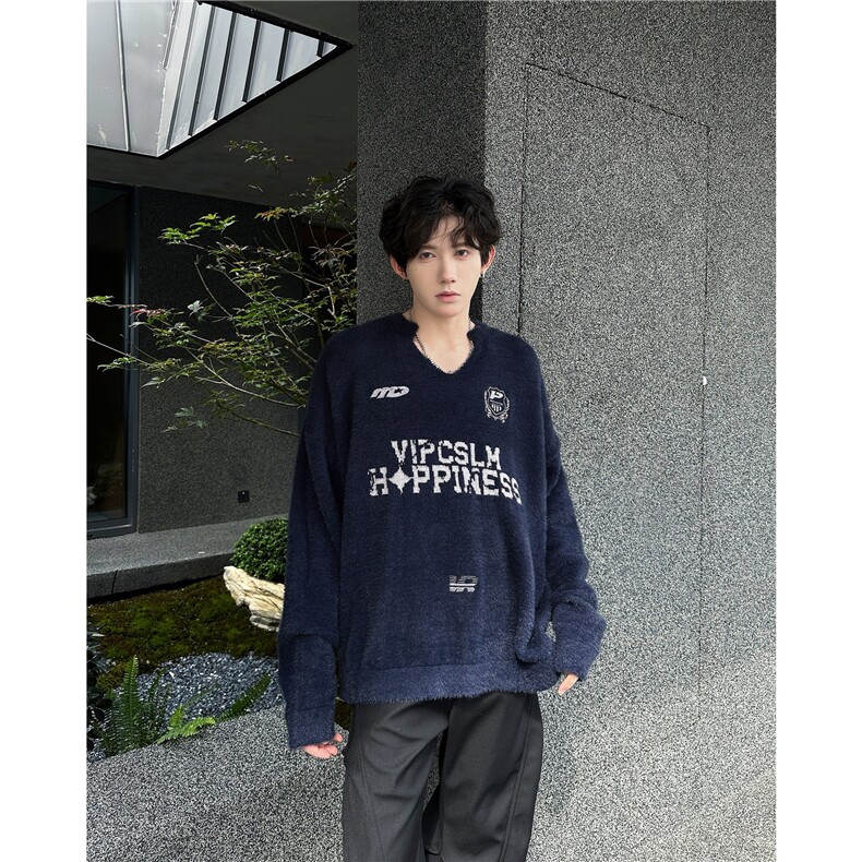 GC0889-P52美式复古V领球服运动毛衣男慵懒高级感情侣针织衫外套,男装针织衫/毛衣,电商C233