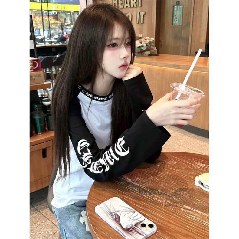 5595-P40好质量做工#印花螺纹领包边拉肩长袖T恤，女装T恤，星座617A-2