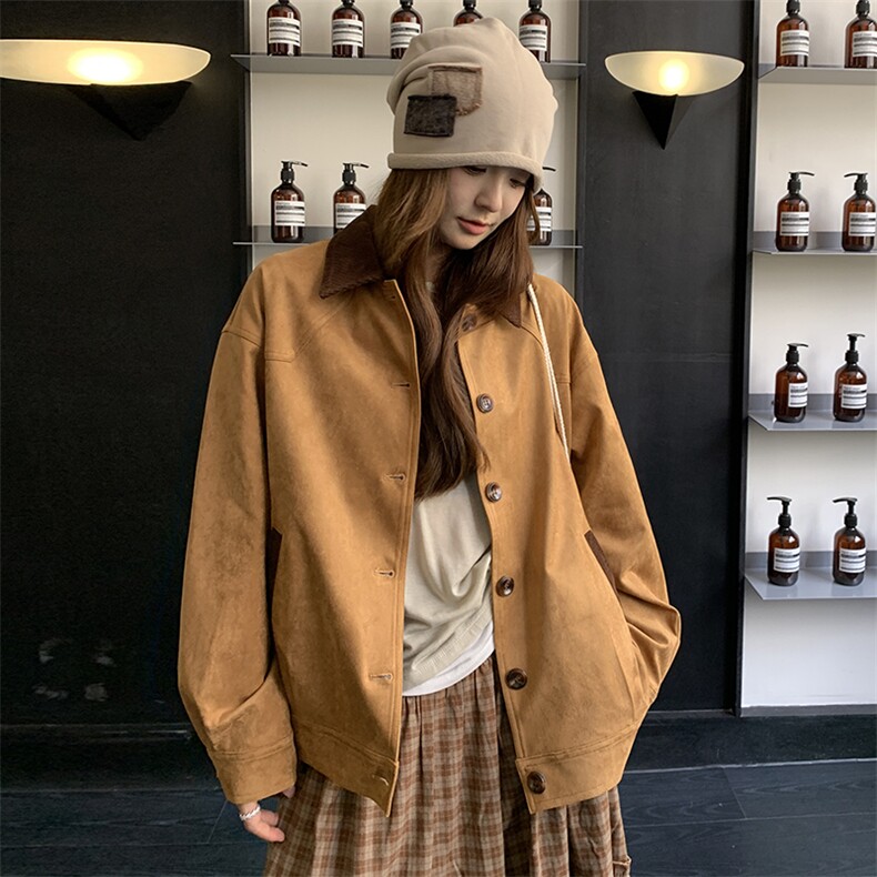 撞色拼接麂皮绒短外套女2025春季新款复古设计感休闲百搭工装夹克,女装短外套,鑫慧
