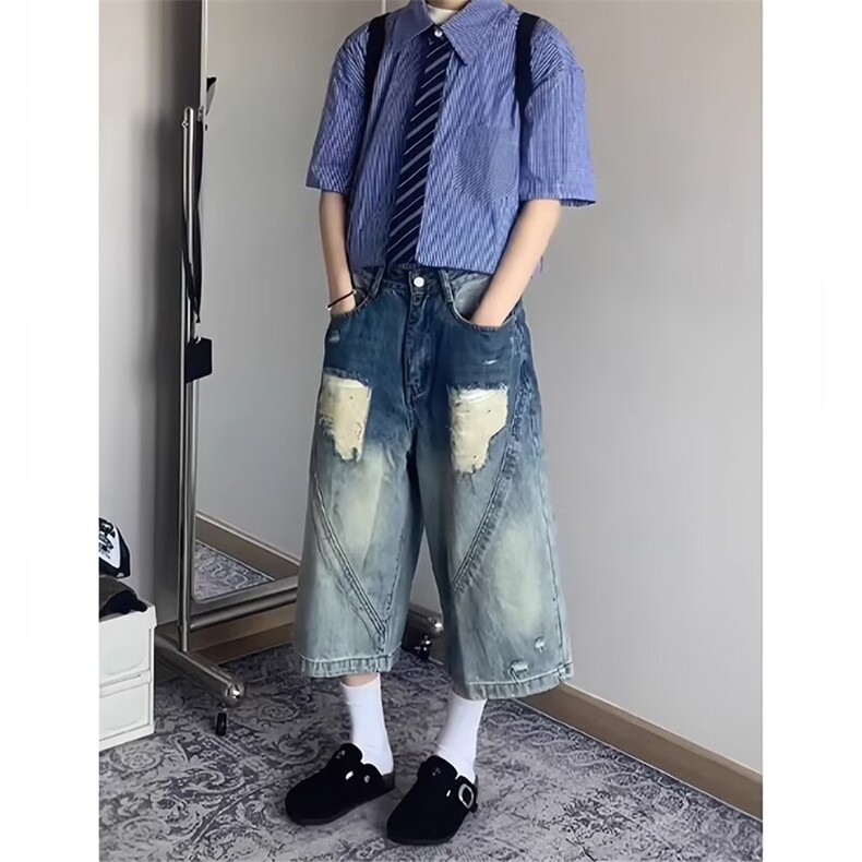 美式复古水洗破洞牛仔短裤男夏季新款阔腿七分裤子高街宽松直筒裤,男装牛仔裤,星座506A