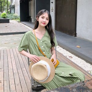 爆款现货！20夏牛油果绿高腰显瘦格子连衣裙 229-8113-P75-K128图片