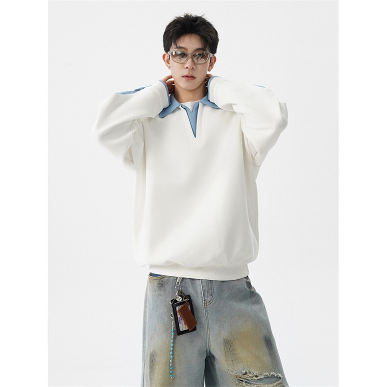 8XL-M美式拼接新款翻领高级感衬衫领运动上衣长袖卫衣男WY26P68,男装衬衫,电商D206-1