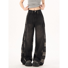 2384-P52高街复古拼接牛仔裤女春秋新款辣妹宽松垂感阔腿裤，女装牛仔裤，电商A306A