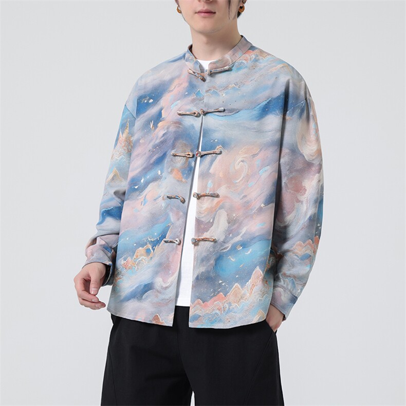 原创新中式春夏新品{宇宙心空}数码印花潮立领长袖衬衫31220,男装衬衫,星座305A（原312A-1）