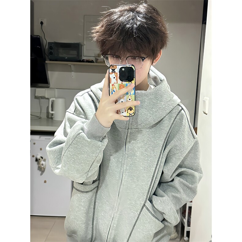 抖音得物高品质秋冬美式高街重磅结构辑明线纹理连帽卫衣外套W111,男装卫衣,电商A486