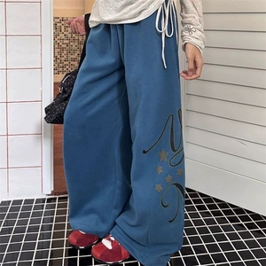 松弛感字母烫钻运动卫裤女宽松阔腿裤爵士舞休闲裤子拖地美式图片