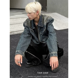 网图 美式复古工装牛仔外套男水洗高级感男短款痞帅机车飞行夹克图片