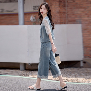 欧货时尚牛仔套装女夏新款韩系时髦洋气蕾丝拼接外套阔腿裤两件套图片
