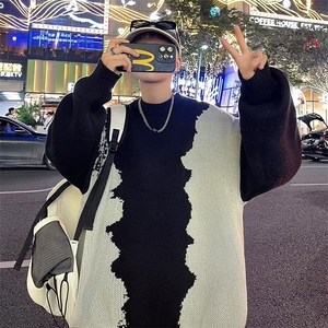 2024秋冬新款日系宽松套头针织衫拼接撞色慵懒风线衣外套图片