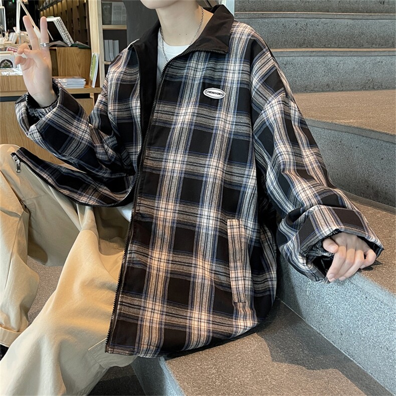 两面穿夹克2021秋季百搭ins格子上衣港风宽松休闲外套W1743-P58,男装夹克,星座512-4