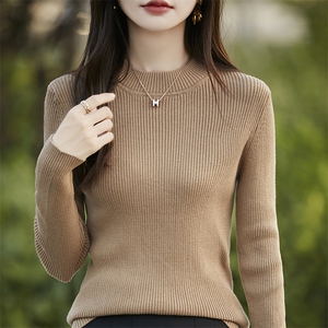 简约纯棉长袖半高领打底衫女修身显瘦内搭针织衫毛衣百搭纯色上衣图片