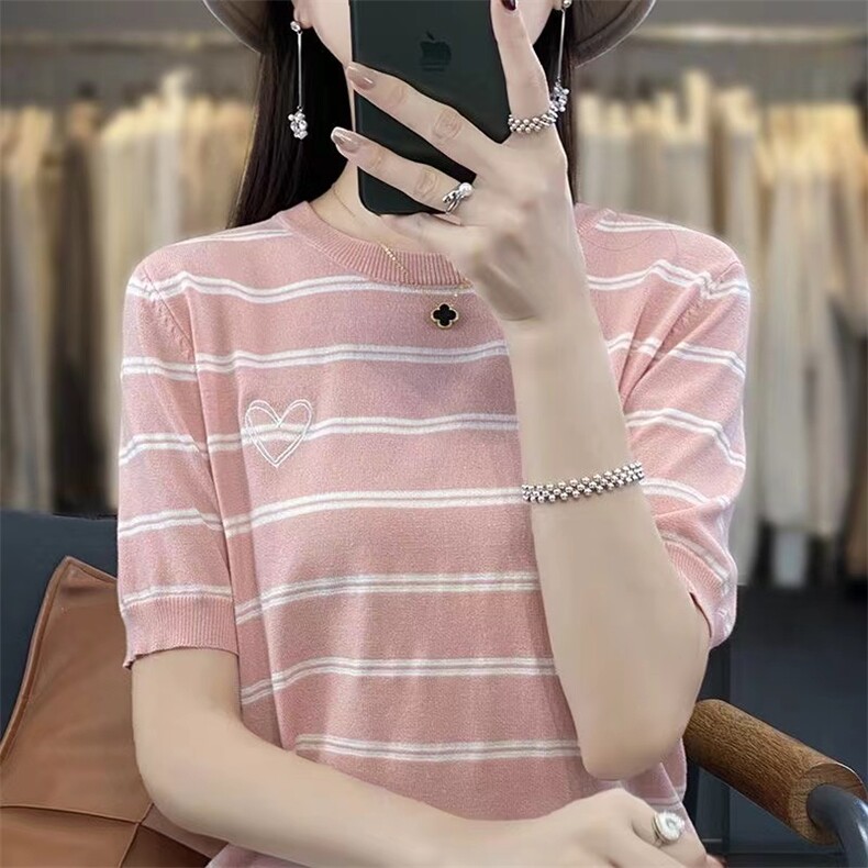夏季条纹冰丝针织短袖上衣女圆领洋气减龄宽松显瘦T恤半袖上衣潮,针织衫/毛衣,萱芳婷羊绒