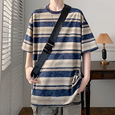 C538P35美式高街潮牌条纹撞色纯棉短袖T恤女夏季宽松百搭，男装T恤，星座512-6